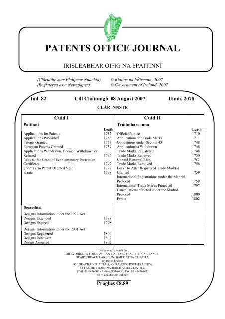 PATENTS OFFICE JOURNAL - Irish Patents Office