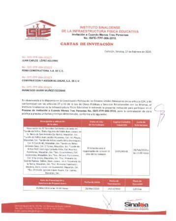 CARTA DE CONCURSO DE INVITACION RESTRINGIDA No. ISIFE