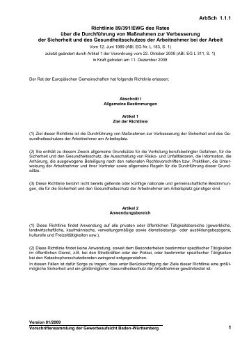 ArbSch 1.1.1 1 Richtlinie 89/391/EWG des Rates Ã¼ber ... - economed
