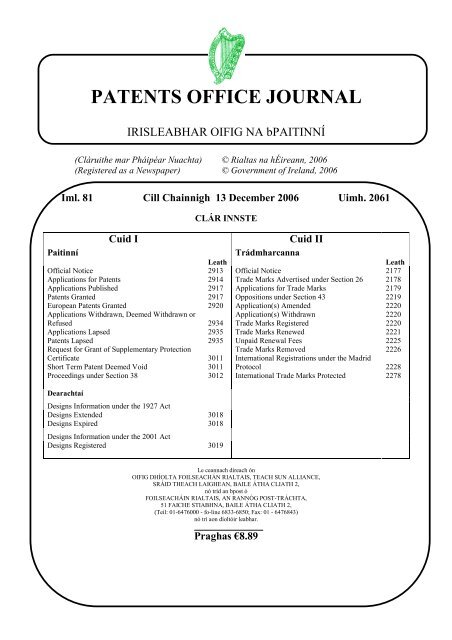 PATENTS OFFICE JOURNAL - Irish Patents Office