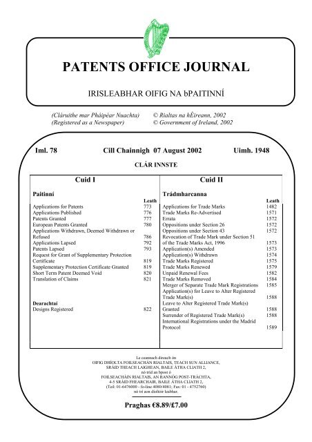 PATENTS OFFICE JOURNAL - Irish Patents Office