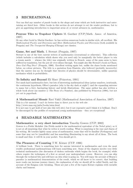 University of Cambridge's Mathematical Reading List