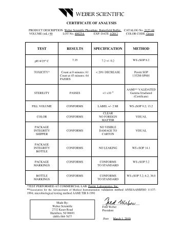 certificate of analysis test results specification ... - Weber Scientific