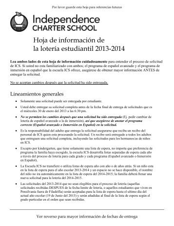 solicitudes para la loterÃ­a estudiantil - Independence Charter School