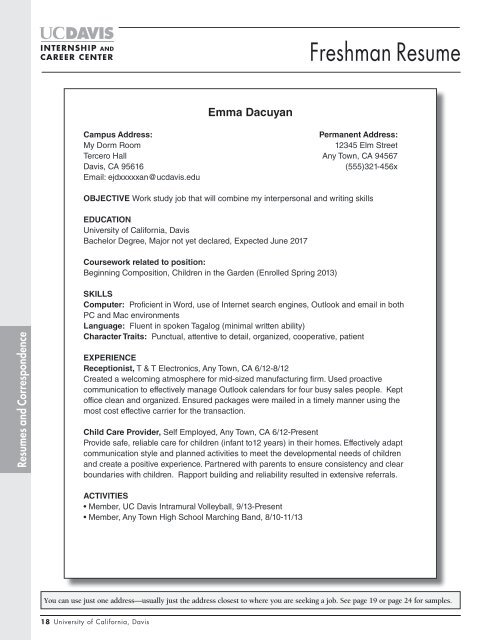 Freshman Resume Uc Davis Internship And Career Center