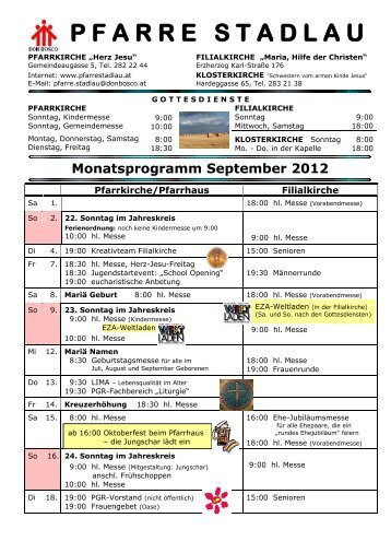 Monatsprogramm: September - 22., Pfarre Stadlau