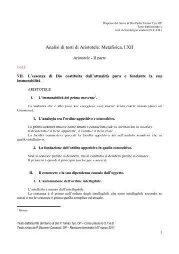 Analisi di testi di Aristotele: Metafisica, l.XII - Studiodomenicano.com