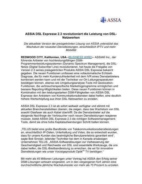 ASSIA DSL Expresse 2.3 revolutioniert die Leistung von ... - ASSIA Inc.