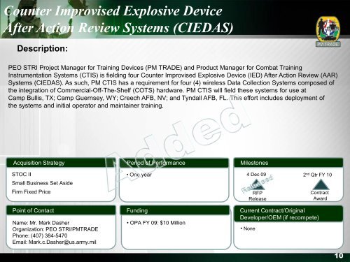 20 January 2010 PM TRADE Brief - PEO STRI - U.S. Army