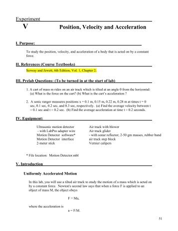 V Position, Velocity and Acceleration