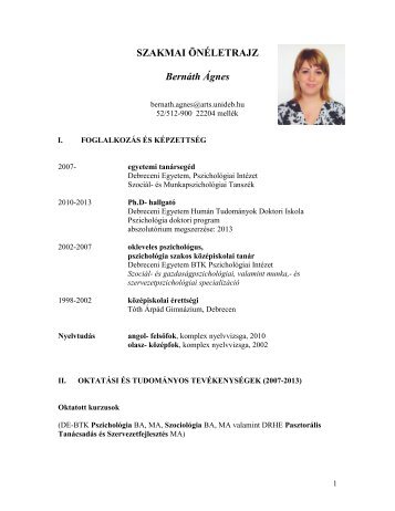 Szakmai Ã¶nÃ©letrajz - DE PszicholÃ³giai IntÃ©zet - Debreceni Egyetem