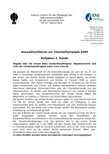 Auswahlverfahren zur ChemieOlympiade 2009 Aufgaben 2. Runde