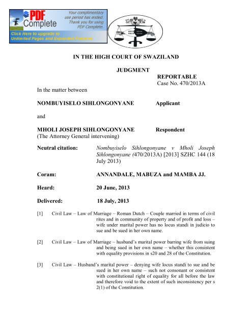 Nombuyiselo vs Mholi Joseph Sihlongonyane.pdf - SwaziLII