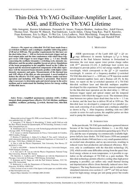 Thin-Disk Yb:YAG Oscillator-Amplifier Laser, ASE, and Effective Yb ...