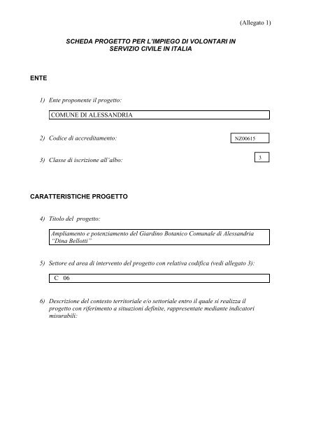 SCHEDA PROGETTO PER L'IMPIEGO DI VOLONTARI IN SERVIZIO ...