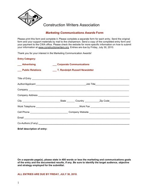 Entry Form - Construction Writers Associations