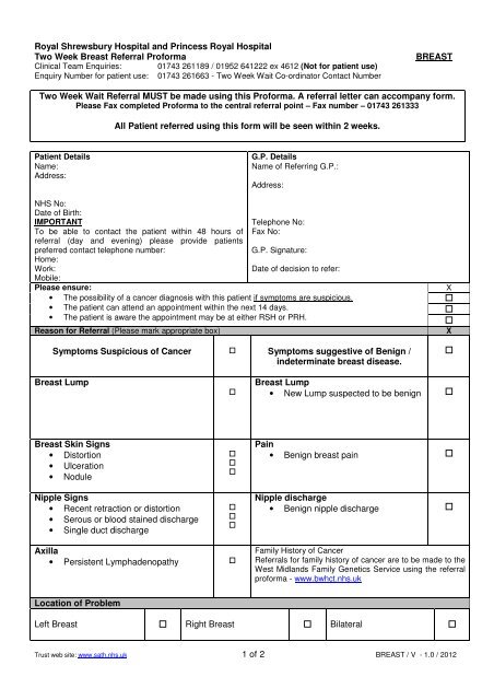 Breast Two-Week Wait Referral Proforma - Royal Shrewsbury ...