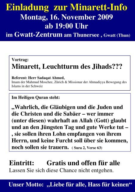 Minarett, Leuchtturm des Jihads? (Gwatt-Zetrum, Thun)