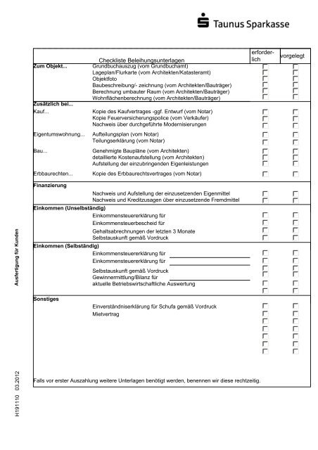 Checkliste Beleihungsunterlagen vorgelegt erforder- lich