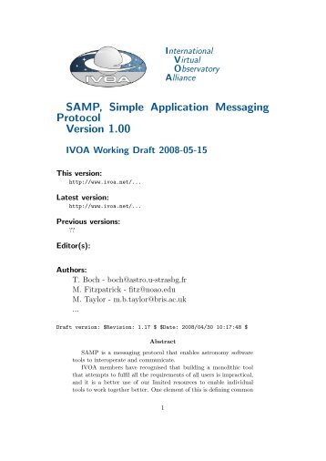 SAMP, Simple Application Messaging Protocol Version 1.00 - IVOA