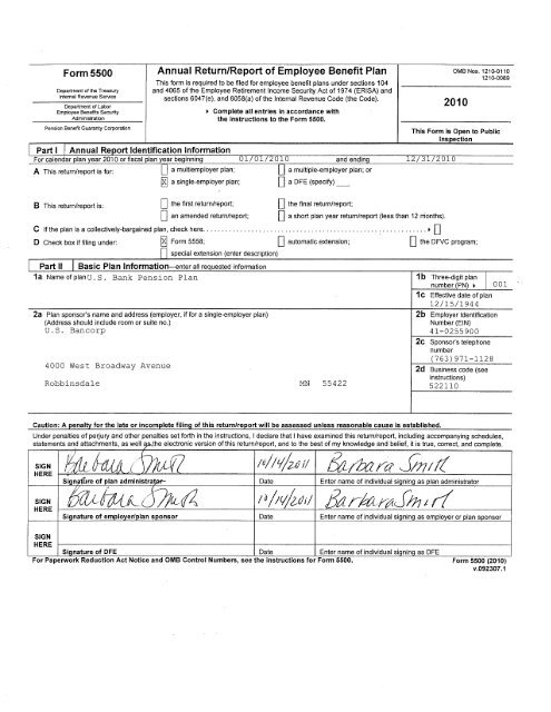 Form 5500 Annual Return/Report of Employee Benefit Plan - US Bank