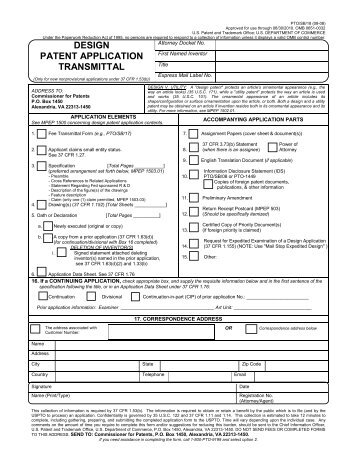 DESIGN PATENT APPLICATION TRANSMITTAL - United States ...