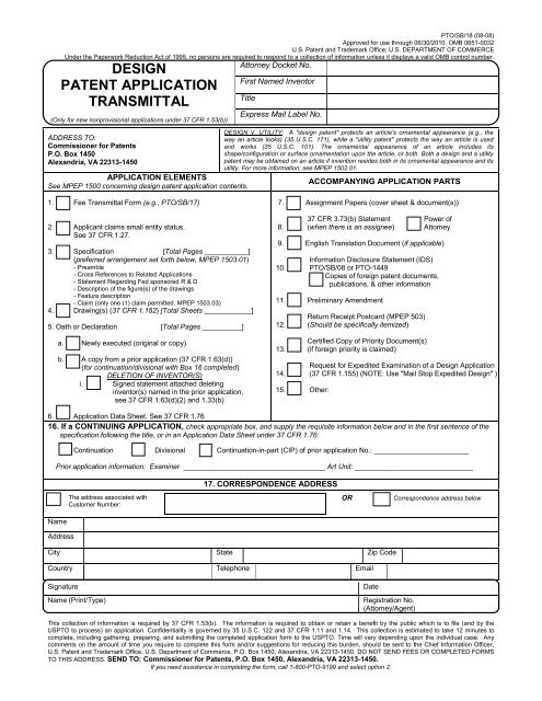 DESIGN PATENT APPLICATION TRANSMITTAL - United States ...