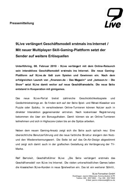 9live Verlangert Geschaftsmodell Erstmals Ins Internet Pressebox