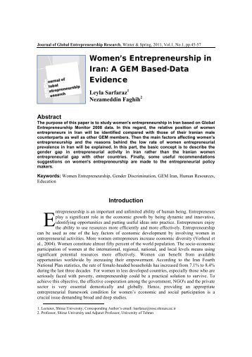 Women's Entrepreneurship in Iran: A GEM Based-Data Evidence