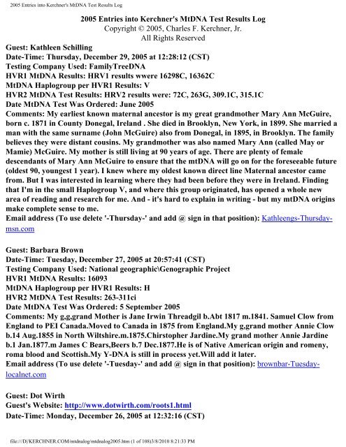 2005 Entries into Kerchner's MtDNA Test Results Log