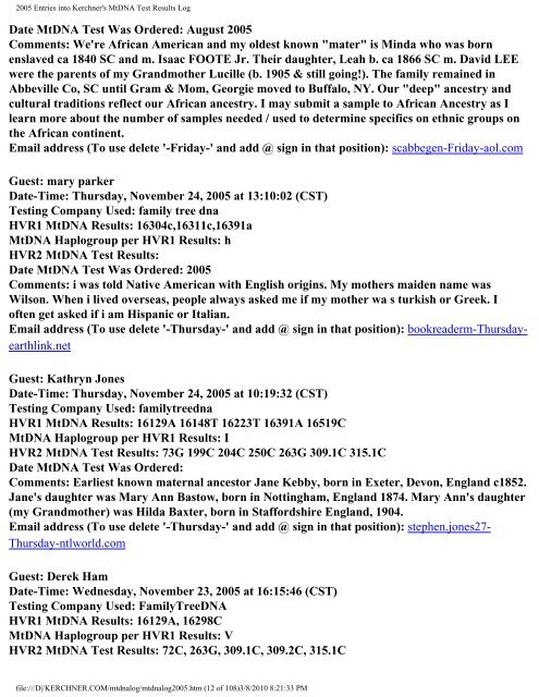 2005 Entries into Kerchner's MtDNA Test Results Log