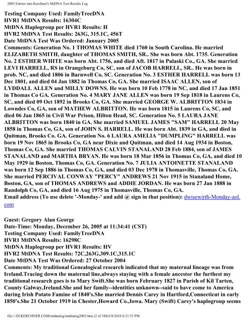 2005 Entries into Kerchner's MtDNA Test Results Log