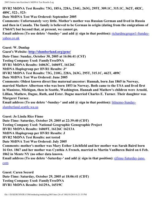 2005 Entries into Kerchner's MtDNA Test Results Log