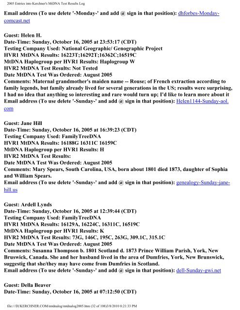 2005 Entries into Kerchner's MtDNA Test Results Log