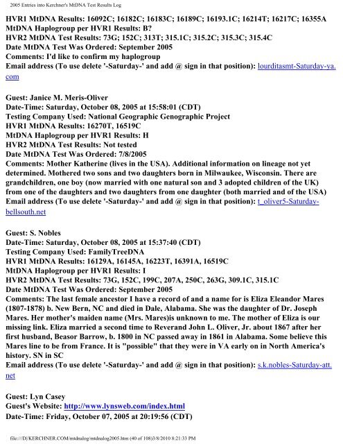 2005 Entries into Kerchner's MtDNA Test Results Log