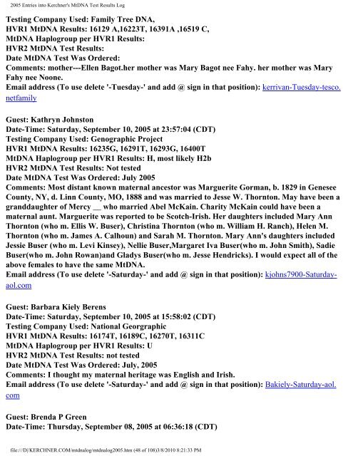 2005 Entries into Kerchner's MtDNA Test Results Log