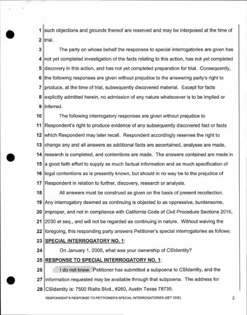 Respondent Response to Interrogatories