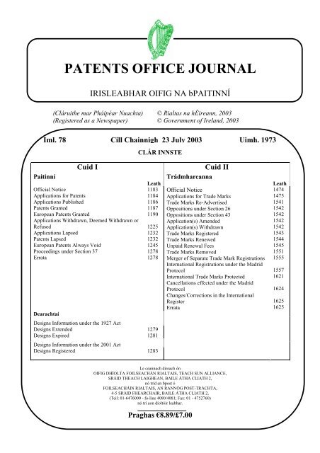 PATENTS OFFICE JOURNAL - Irish Patents Office