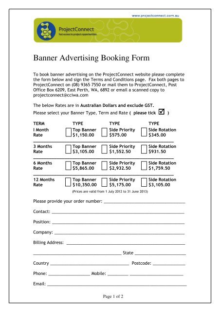 Banner Advertising Booking Form - ProjectConnect