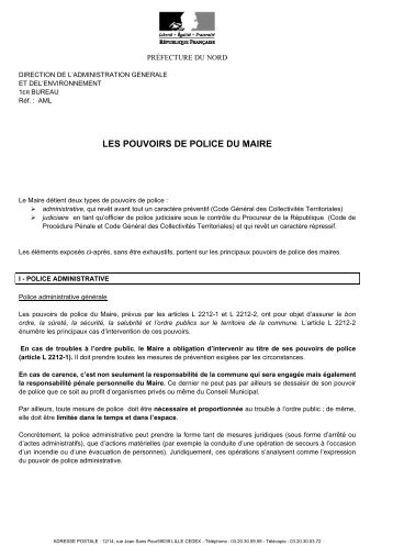 Les pouvoirs de police du maire - PrÃ©fecture du Nord