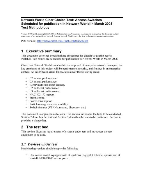 1 Executive summary 2 The test bed - Network Test