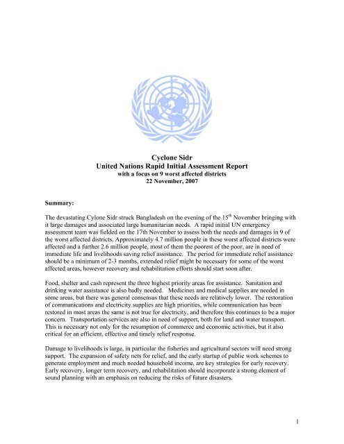 Cyclone Sidr United Nations Rapid Initial Assessment Report