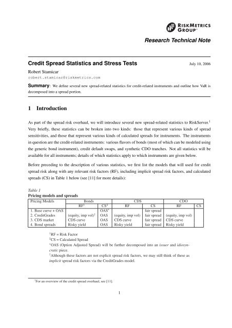 Research Technical Note Credit Spread Statistics and Stress Tests 1 ...