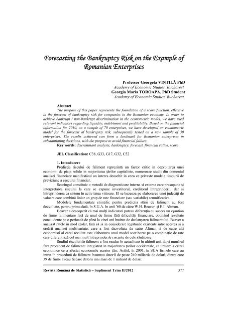 Forecasting the Bankruptcy Risk on the Example of Romanian ...