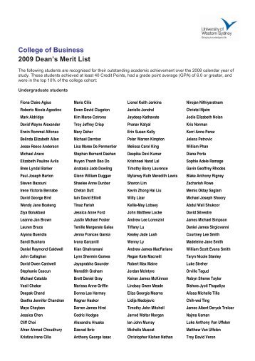College of Business 2009 Dean's Merit List