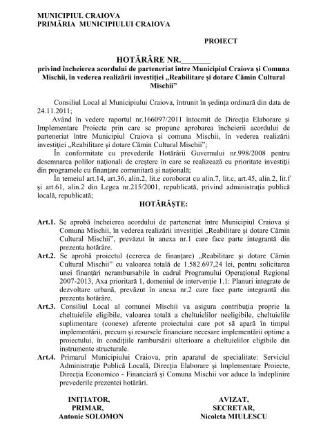 Proiect de hotarâre privind aprobarea încheierii ... - Primaria Craiova