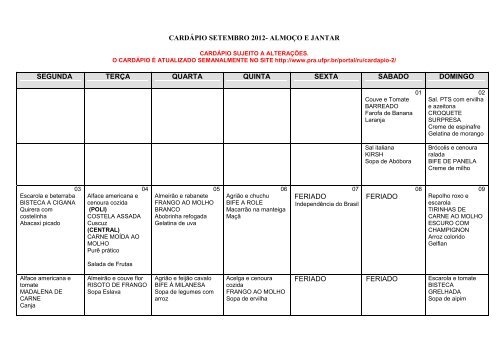 CARDÃPIO SETEMBRO 2012- ALMOÃ‡O E  JANTAR SEGUNDA ...