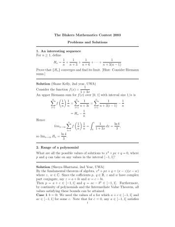 The Blakers Mathematics Contest 2003 Problems and Solutions 1 ...