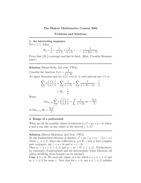 The Blakers Mathematics Contest 2003 Problems and Solutions 1 ...