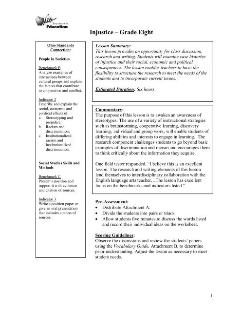 Injustice A Grade Eight Ode Ohio Department Of Education
